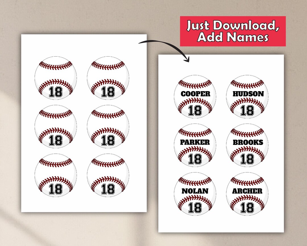 Editable Baseball Favor Tags, Custom Names Numbers (digital Download ...
