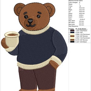 May include: Embroidered cartoon bear holding a cup of coffee. The bear is brown with a navy blue sweater, brown pants, and beige accents. The image is a production worksheet for embroidery.