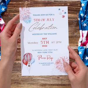 Modello di invito per il 4 luglio, invito per celebrazione patriottica, festa dell'indipendenza, fuochi d'artificio rossi, bianchi e blu stampabili, design modificabile con Canva