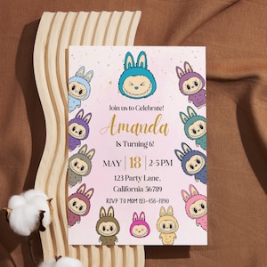 Convite de aniversário Labubu editável, modelo de convite para festa infantil, Labubu para impressão, convite de aniversário, convite para festa infantil, download digital