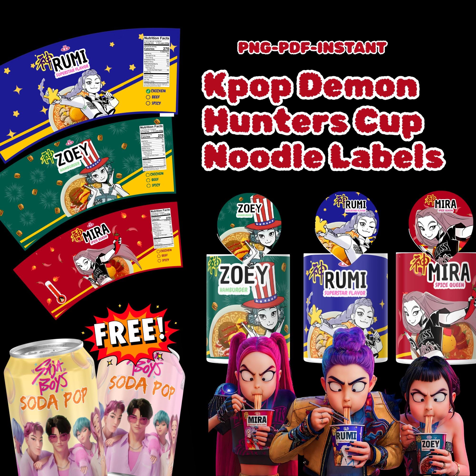 Kpop Demon Hunters Cup Noodle Labels, Huntrix Ramen Ramyeon Party
