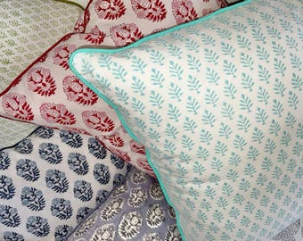 Block Print Throw Pillow Cover Any Size, Cotton Pillow with Piping, Zipper Handmade Cushion Cover, Home decor Pillows outdoor cushion