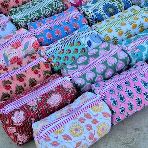 Large Cotton Quilted Block Printed Wash Bag | Ideal Gift | Handmade | Toiletry Bag | Cosmetic Bag Block Print Travel Accessory Holiday