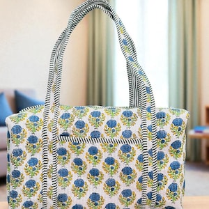 Beautiful Block Printed Cotton Duffle Bag Floral Print Quilted Duffle Bags Large Size Weekender Bag Handmade Shoulder Travel Overnight Bag