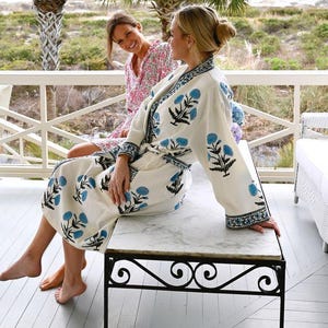 Cotton Kimono Robe Dressing Gown, Block Print Bridesmaid Robe, Summer Nightwear, One Size