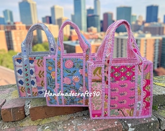 Floral Cotton Quilted Mini Tote Bag, Rajasthan Boho Style Small Handbag -Mini Lunch Bag-for Women, Reusable Gift Totes