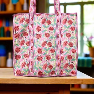 Floral Block Printed Tote Bag Large Quilted Tote Bags Vintage Travel Bag Handmade Gifts Beach Bags Shopping Bag Cotton Grocery Bags Hand Bag