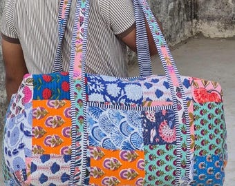 Floral Quilted Travel Bag, Handmade Cotton Weekender Duffel, Block Print Overnight Bag, Eco Friendly Gift For Her, Jaipur Print Market Bag