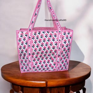 Floral Handprinted Quilted Tote Bag: Boho Weekender Travel Bag
