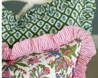 Block Print Cotton Cushion Cover with Frill: Boho Home Decor Cotton Throw Pillows Floral Bohemian Cotton Bed Pillow shams Farmhouse Cushion