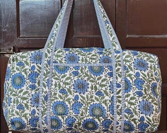 Large Cotton Quilted Blue Duffle Bag Block Print Weekender Bag | Women Holiday Gift | Handmade Shoulder Bag | Travel Gift & Overnight Bag