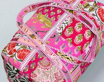 Hand-Block Printed Pink Floral Quilted Duffle Bag, Handmade Cotton Block Print Travel Bag, Indian Weekender Overnight Quilted Travel Duffle