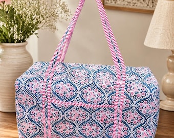 Pink Floral Quilted Weekender Travel Bag Block Print Duffle Bag Floral Print Washable Overnight Bag, Eco friendly Yoga Shopping Beach Bag