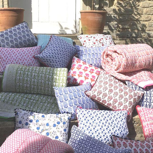 Block Print Cotton Cushion Cover with pipping Boho Home Decor Cotton Throw Pillows Floral Bohemian Cotton Bed Pillow shams Farmhouse Cushion