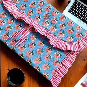 Block Printed Cotton Laptop Sleeve: Blue Floral MacBook Case