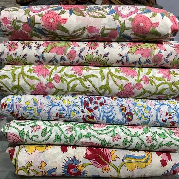 100% Indian Hand-Block Cotton Fabric, Boho Floral Soft Cotton By the Yard, Dressmaking Fabric, Napkins Fabric, Handmade Voile Fabric,
