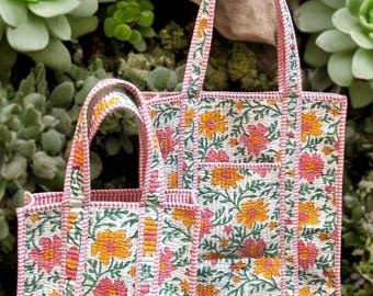 Cotton Quilted Tote Bag, Boho Floral Hand Block Printed Shopping Bags, Beach Bag, Travel and Shoulder Tote Bags, Women Gifts, Gift For Tote