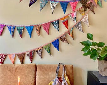 Recycled Sari Bunting - Colorful Flags - Handmade Garden Garland - Wedding Banner - Saree Garlands - Home Décor