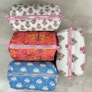 Vintage Indian Block Print Toiletry Bag: Quilted Cotton Cosmetic Travel Pouch