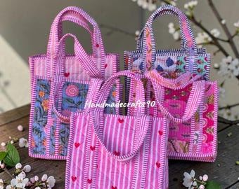 Gewatteerde katoenen mini-lunchtas: bloemen abstracte print handtas blokdruk boodschappentassen strandtas reis- en schoudertassen dames