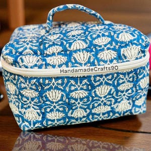 Large Cotton Quilted Block Printed Makeup Bag | Handmade Pouch Bag | Toiletry Bag | Cosmetic Bag Travel Organizer Accessory Bag