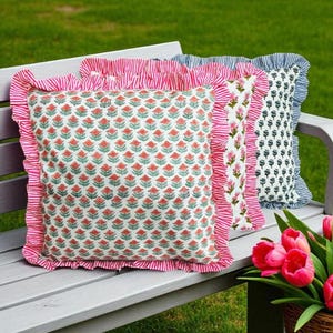 Hand Block Printed Floral Pillow Cover: Pink Cotton Cushion with Frill