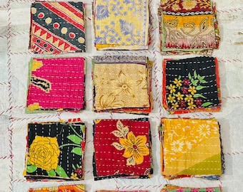 Recycled Kantha Fabric Scraps, Handmade Indian Bohemian Cotton Scraps, Patchwork Quilting Lot 20 Pieces Colorful Kantha Scraps