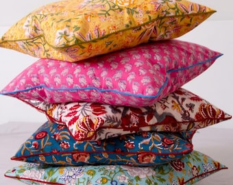 Hand Block Print Pillow Cover: Floral Cotton Boho Cushion