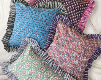 indian block print cotton frill cushion cover, bohemian raffle cushions handmade boho cotton pillow covers floral block throw pillows