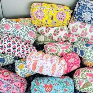 Vintage Indian Block Print Large Toiletry Bag Colorful Makeup Bag Quilted Fabric Cosmetic Bag Toiletry Pouch Waterproof Makeup Accessory Bag