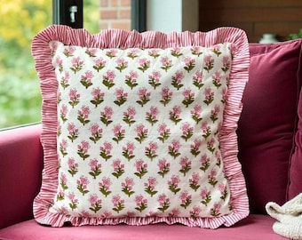 Indian Block Print Cotton Frill Cushion Cover: Bohemian Floral Pillow