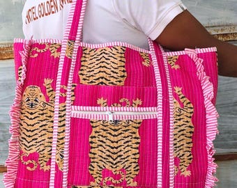 Block Print Cotton Quilted Tote Bag – Handmade Frill Shoulder Bag
