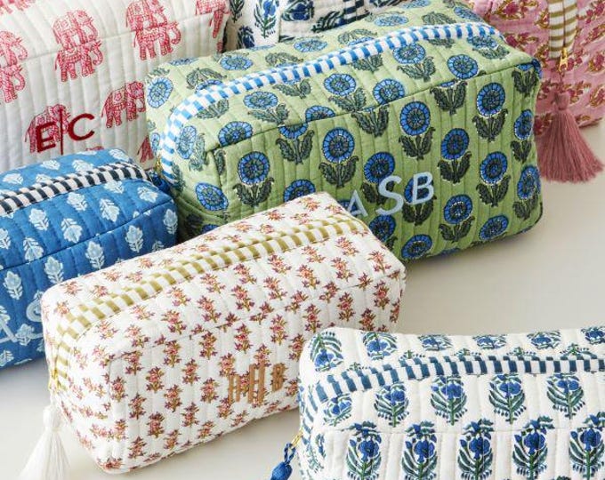 Large Cotton Quilted Block Printed Wash Bag | Ideal Gift | Handmade | Toiletry Bag | Cosmetic Bag Block Print Travel Accessory Holiday