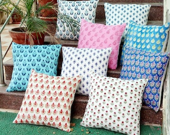 Indian Floral Contrasting Piping Pillows Bohemian Throw Pillow Covers Made of Upholstery Cotton Fabric, Piping Block Printed Cushions