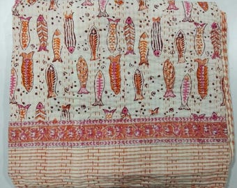 Beautiful Fish Print Kantha Quilt,Indian Hand Block Print Kantha Quilt,Reversible Cotton Bedding Bedspread Twin Size Vintage Kantha Gudri