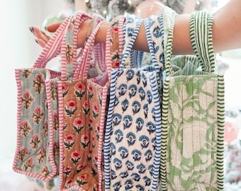 Quilted Cotton Mini Lunch Bag: Floral Abstract Print Handbag Block Printed Shopping Bags Beach Bag Travel and Shoulder Tote Bags Women