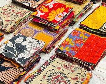 Vintage Indian Sari kantha Scraps Cotton Fabric Bundles scrappy squares Handstitched Kantha Recycled Cotton Quilt Remnants