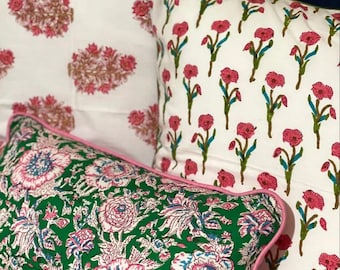 Hand Block Print Pillow Cover: Floral Cotton Cushion with Piping