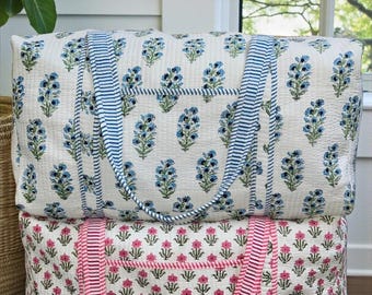 Bolsa de fin de semana de lona, bolsa de almacenamiento de algodón, bolsa de viaje acolchada hecha a mano, bolso de hombro de tamaño estándar con estampado de bloques, bolsa de compras bohemia para mujer