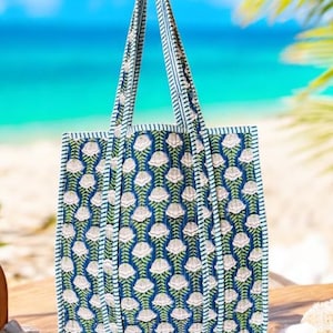 Block Print Cotton Quilted Tote Bag: Handmade Indian Shopping Bag