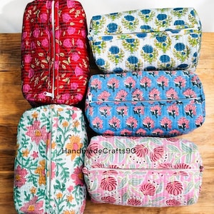 Vintage Indian block Print Large Toiletry Bag, Colorful Make Up Bag Quilted Fabric Cosmetic Bag Toiletry Travel Pouch