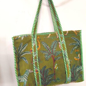 Velvet Green Jangal Print Tote Bag: Reversible Handmade Cotton Shopper
