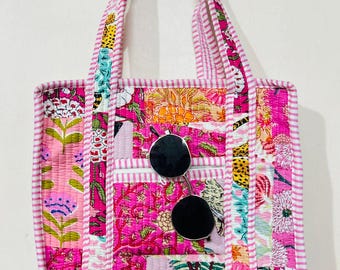 Cotton Quilted Mini Zipper Tote Bag, Floral Hand Block Print Purse, Handmade Small Tote, Everyday Shoulder Bag, Gift for Her