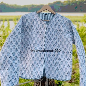 Block Printed Cotton Quilted Jacket: Boho Kantha Work Coat