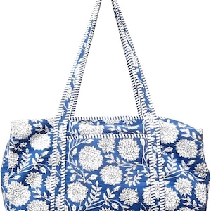 Floral Blockprinted Cotton Quilted Weekender Bag: Large Travel Duffle