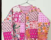 Green Floral Print Cotton Quilted Jacket - Hand Block Printed Jacket For Women