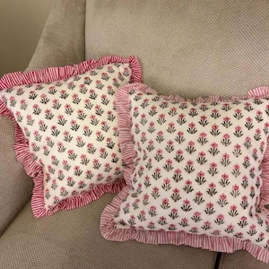 Block Print Cotton Cushion Cover with Frill: Boho Home Decor