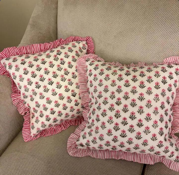 Block Print Boho Cushion Cover With Frill Handmade Cotton Bed Throw Pillows, bohemian pillow cushion cover vintage home decor frill cushion