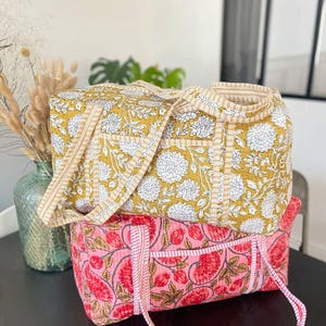 Large Cotton Quilted Weekender Duffle bag Handmade Block Print Travel Overnight Bag  Quilted Shoulder Bag for Women Hand Luggage Bags
