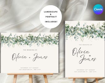 Elegant Greenery Wedding Welcome Sign Template: Customizable A1 Print (Digital Download)